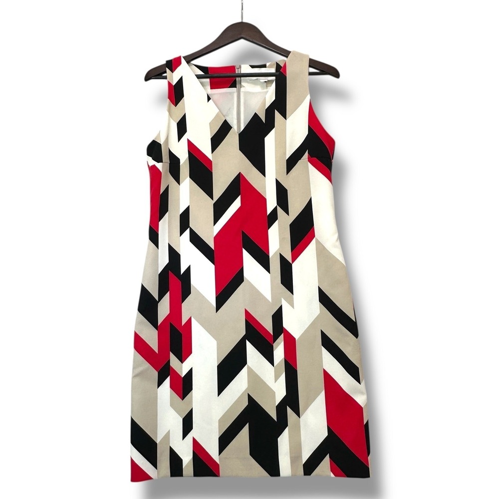 BOSS Hugo Boss Geometric Sheath Dress 10 Red Black Beige V Neck Portugal 40s Mod - Picture 2 of 7